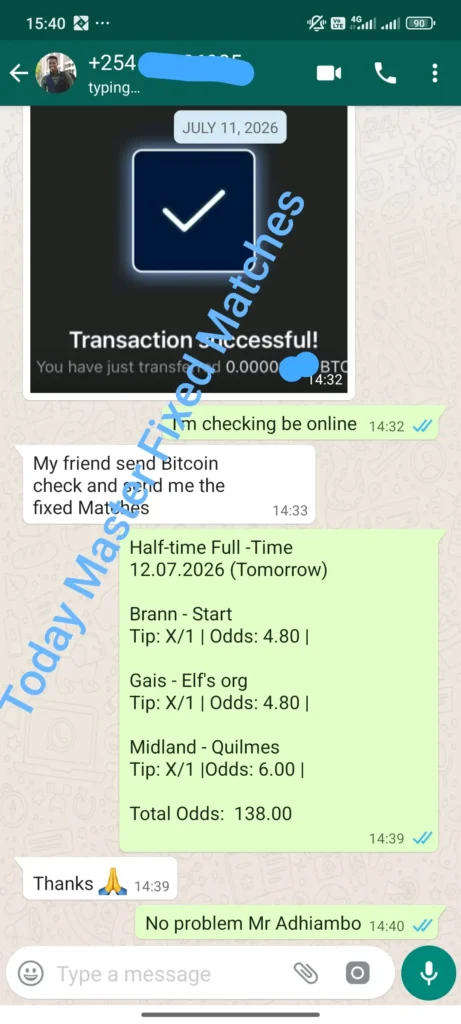 A WhatsApp chat conversation proving a successful Bitcoin transaction for the best fixed matches, featuring half-time/full-time football betting tips with high total odds.