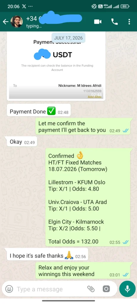 A WhatsApp chat showing proof of a successful USDT crypto payment confirmation for the best fixed matches, including half-time/full-time football predictions with total odds of 132.00.