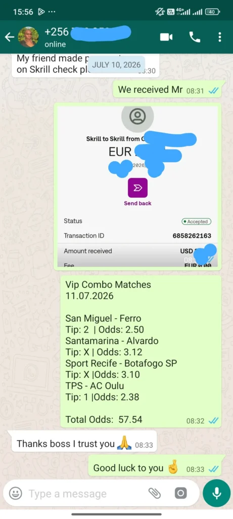 WhatsApp screenshot showing Skrill payment proof of 24.24 EUR and winning VIP combo fixed matches tips with 57.54 total odds.