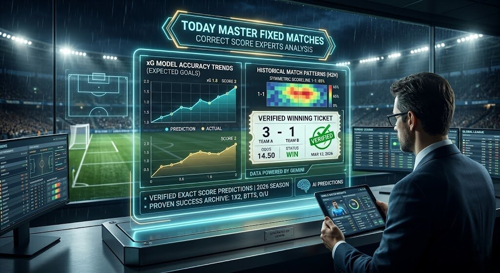 Professional Correct Score Experts Analysis dashboard showing verified winning football tickets and xG data.