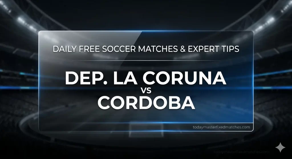 Professional match banner for Dep. La Coruna vs Cordoba featuring daily free soccer matches and expert tips.