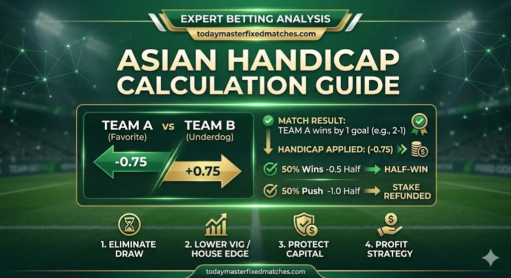 Asian Handicap calculation guide infographic for soccer betting.