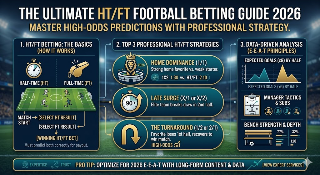Professional HT/FT football betting strategy infographic 2026