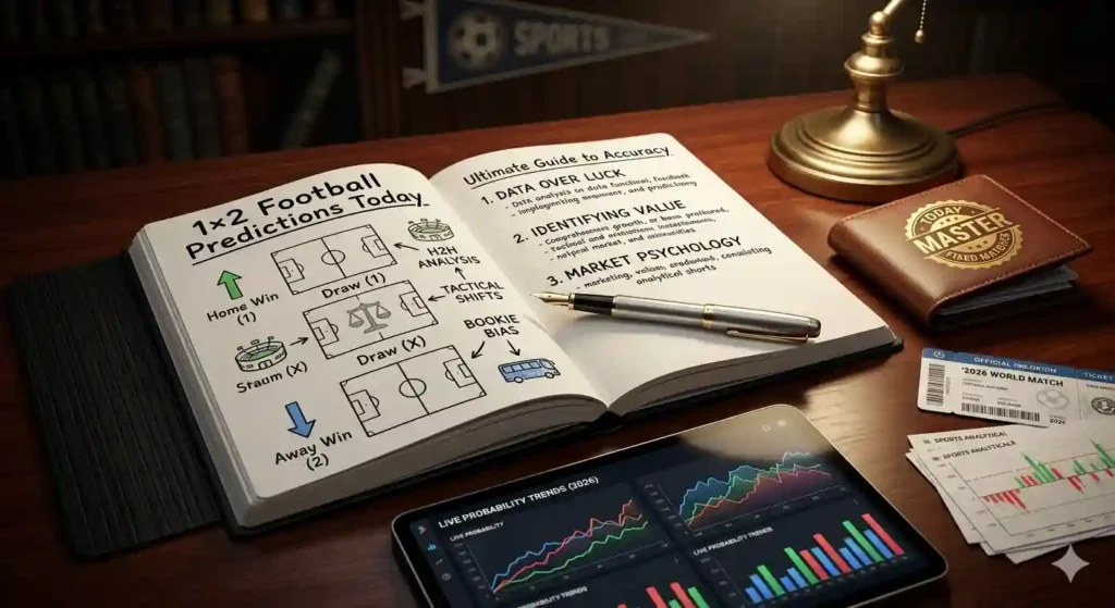 A professional betting guide showing 1x2 football predictions strategies, home win, draw, away win analysis, and live probability trends for 2026.