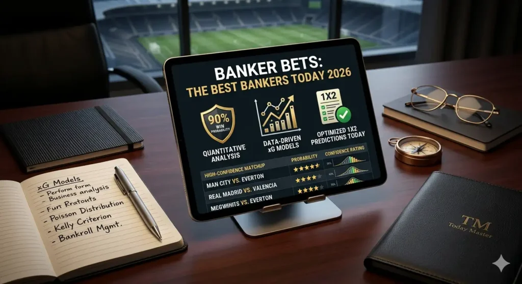 Professional 2026 football betting dashboard showing the best banker bets today with tactical heatmaps and win probability models.