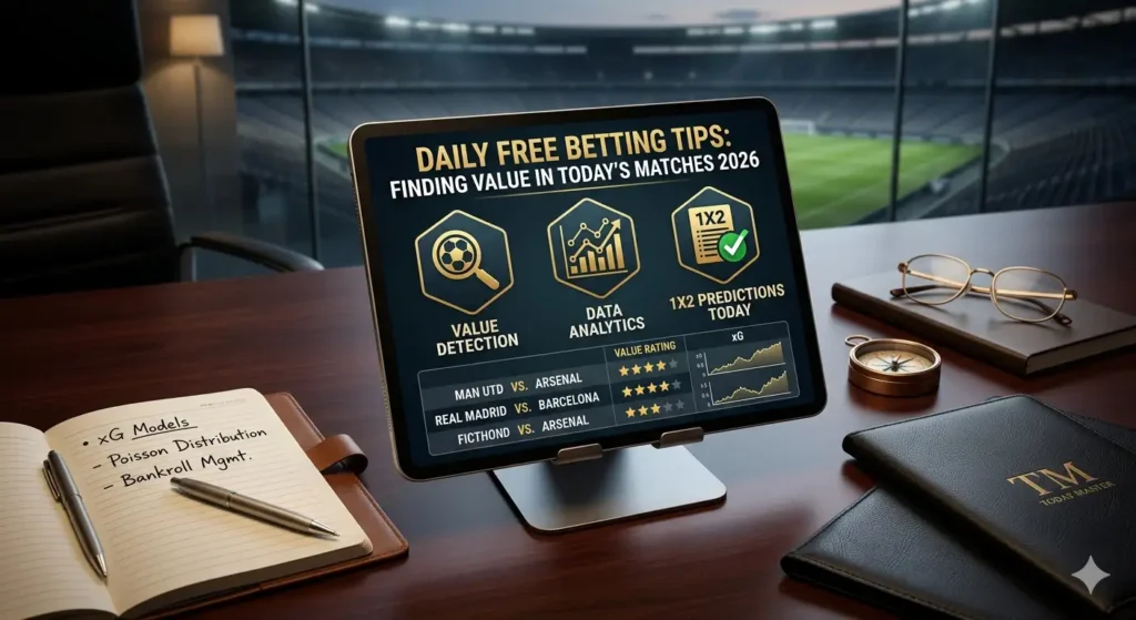 Expert 2026 daily betting tips dashboard featuring value detection, data analytics, and 1x2 football predictions.