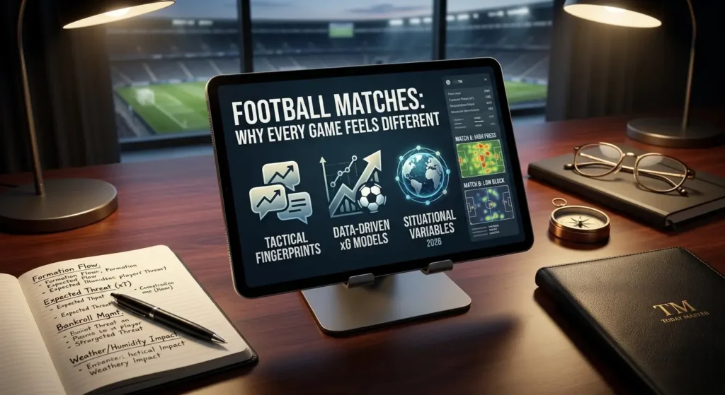 A split-screen view of two different football matches in 2026 with tactical heatmaps and probability charts showing why every game is unique.