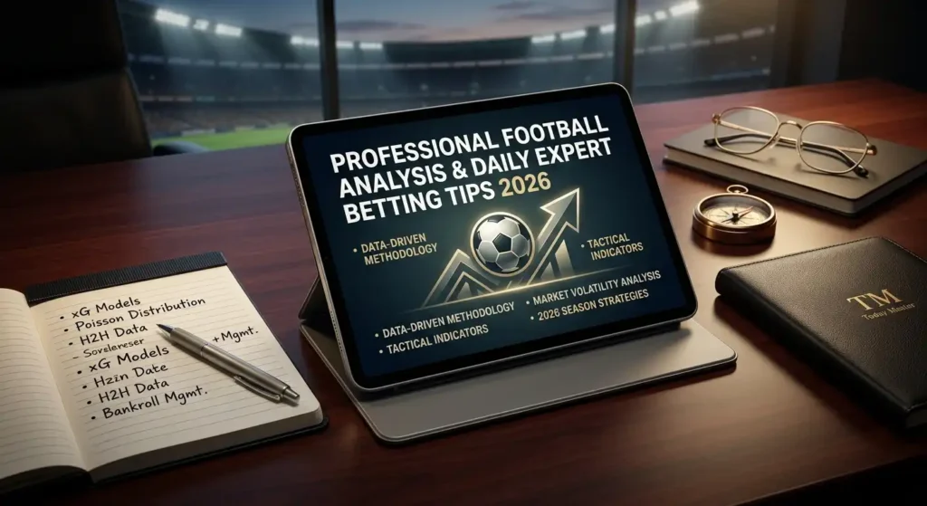 A professional sports betting advisor’s desk showing Today’s Expert Analysis for winning football predictions, xG models, and 2026 season strategies on a tablet screen.