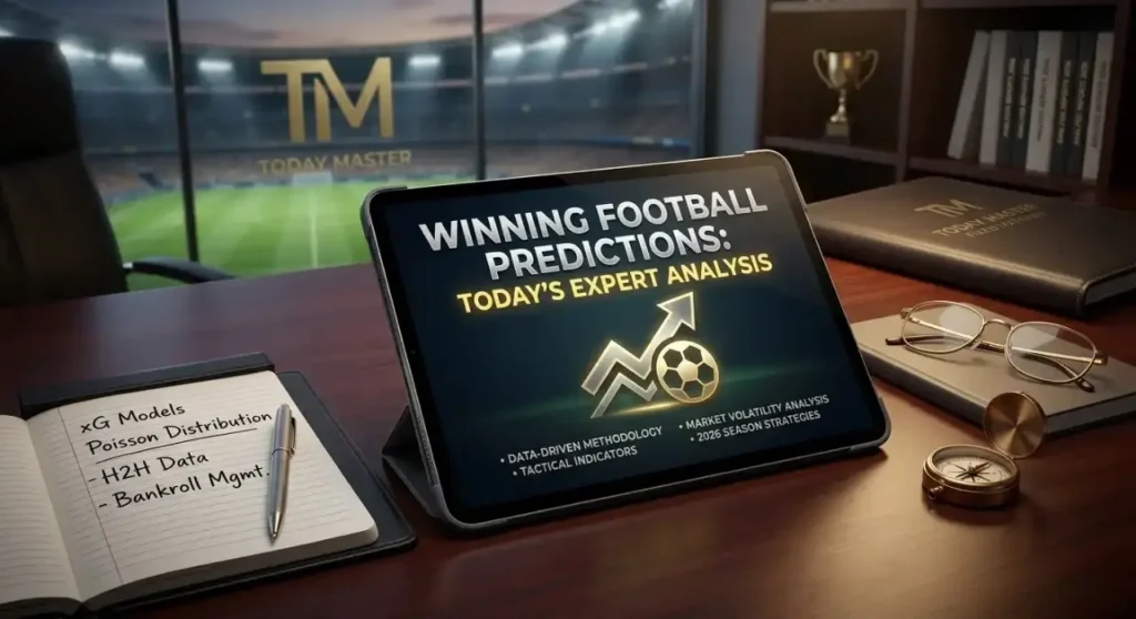 Professional betting advisor’s desk showing Today’s Expert Analysis for winning football predictions, xG models, and 2026 season strategies on a tablet screen.