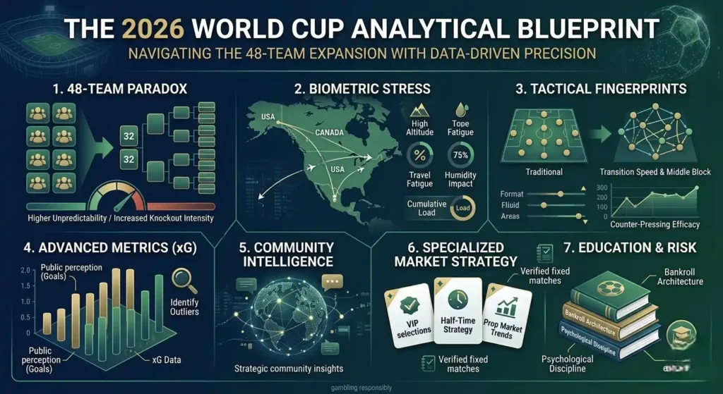 2026 World Cup technical analysis infographic showing 48-team expansion bracket, biometric travel maps across North America, xG data models, transition speed tacticals, and verified market strategies.