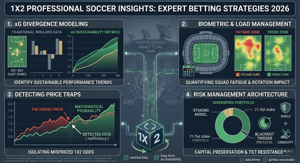 Infographic for 1X2 professional soccer betting strategies featuring xG divergence modeling, biometric fatigue heatmaps, market price trap detection, and 2% flat-stake risk management architecture.