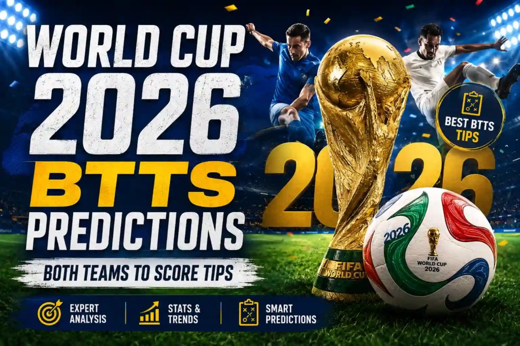 World Cup 2026 BTTS predictions infographic showing both teams to score tips, match analysis, and football betting insights for upcoming fixtures