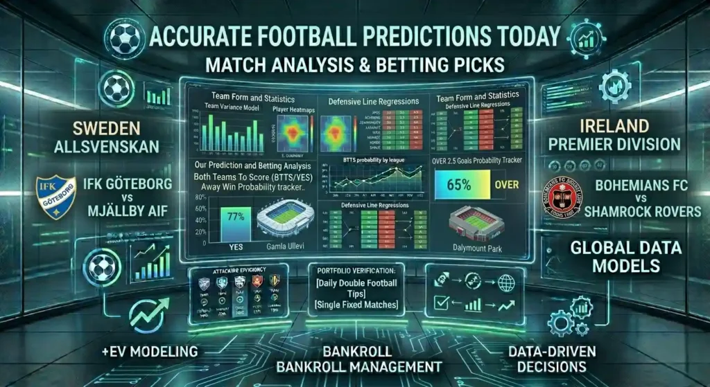 Accurate football predictions today dashboard with tactical stats for Goteborg vs Mjallby and Bohemians vs Shamrock Rovers.