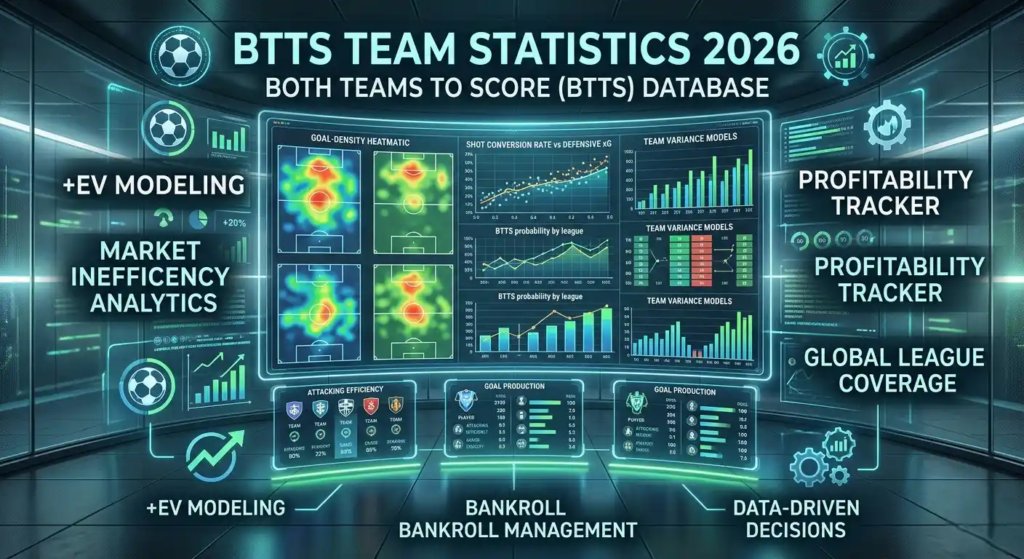 BTTS Team Statistics 2026 analytical dashboard showing Both Teams To Score probability data, league tracking, and goal heatmaps.