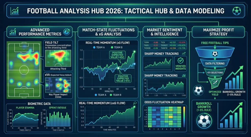 Football Analysis Hub 2026 dashboard displaying tactical data modeling, xG metrics, Field Tilt, and biometric data for professional betting strategy.