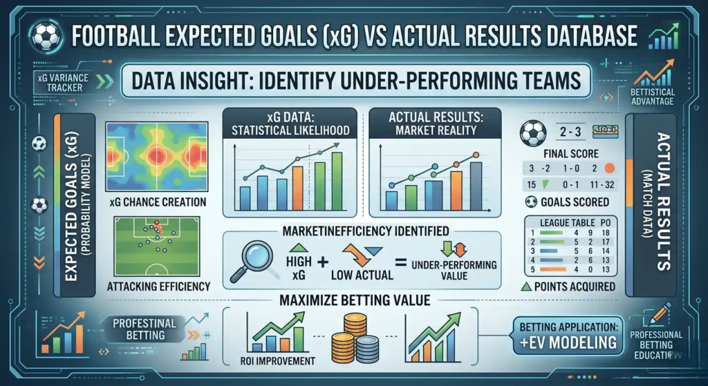 Football Expected Goals (xG) vs Actual Results Database showing under-performing teams for maximized betting value.