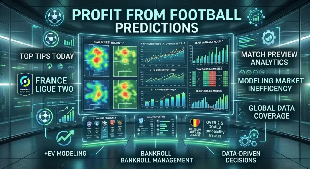 Profit from football predictions interface displaying metrics for France Ligue Two and Belgium Jupiler League analytics.