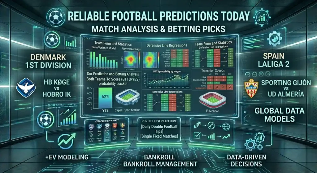 Reliable football predictions today dashboard displaying tactical stats for Koge vs Hobro and Sporting Gijon vs Almeria.