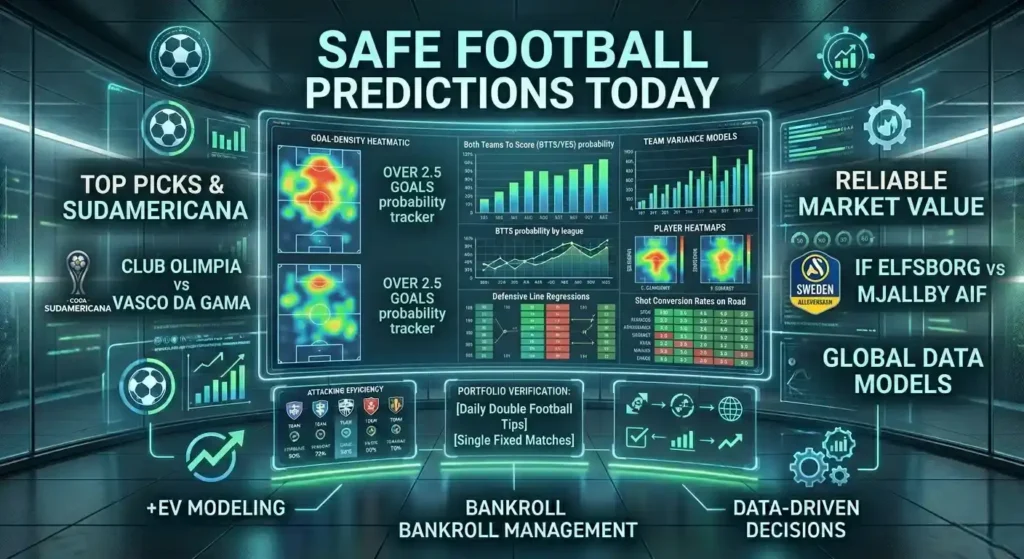 Safe football predictions today interface showcasing data charts for Club Olimpia vs Vasco da Gama and Elfsborg vs Mjallby.