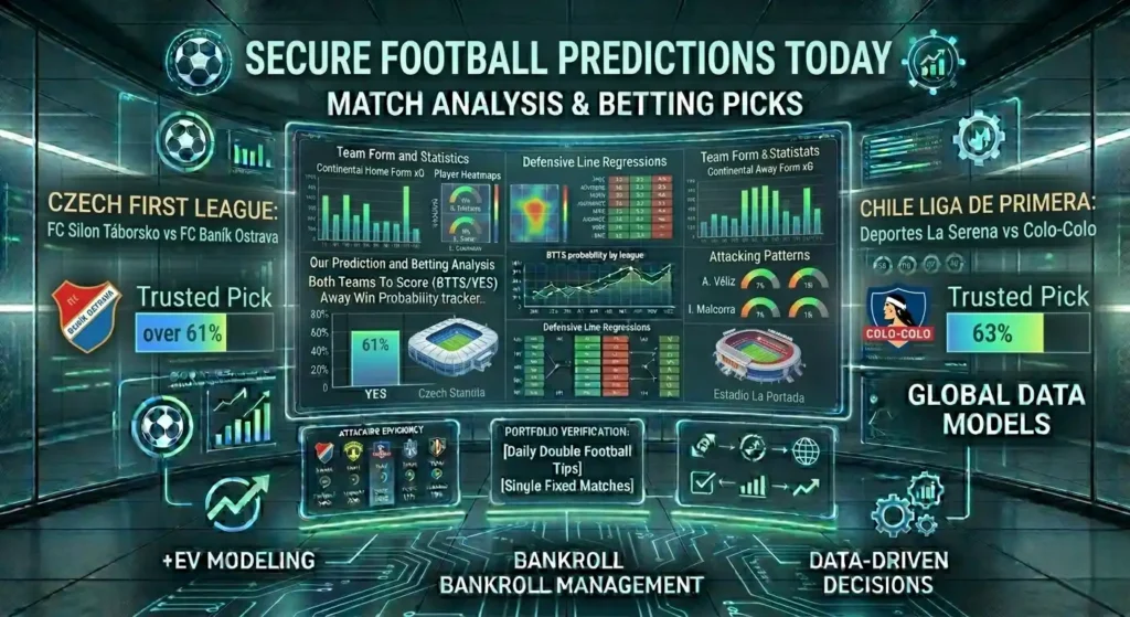 Secure football predictions today dashboard with tactical stats and BTTS data for Taborsko vs Banik Ostrava and La Serena vs Colo-Colo.