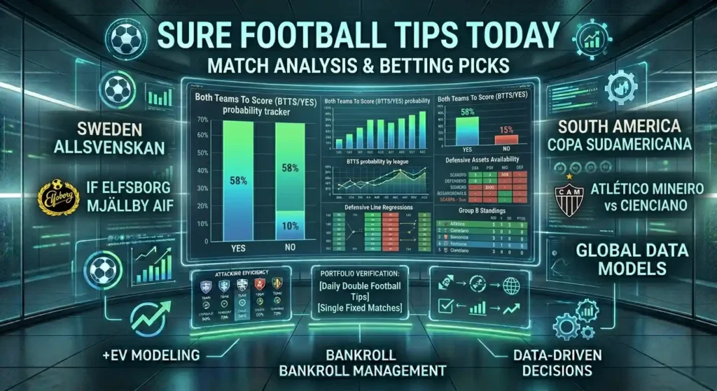 Sure football tips today analytics board displaying BTTS stats for Elfsborg vs Mjallby and Atletico Mineiro vs Cienciano.