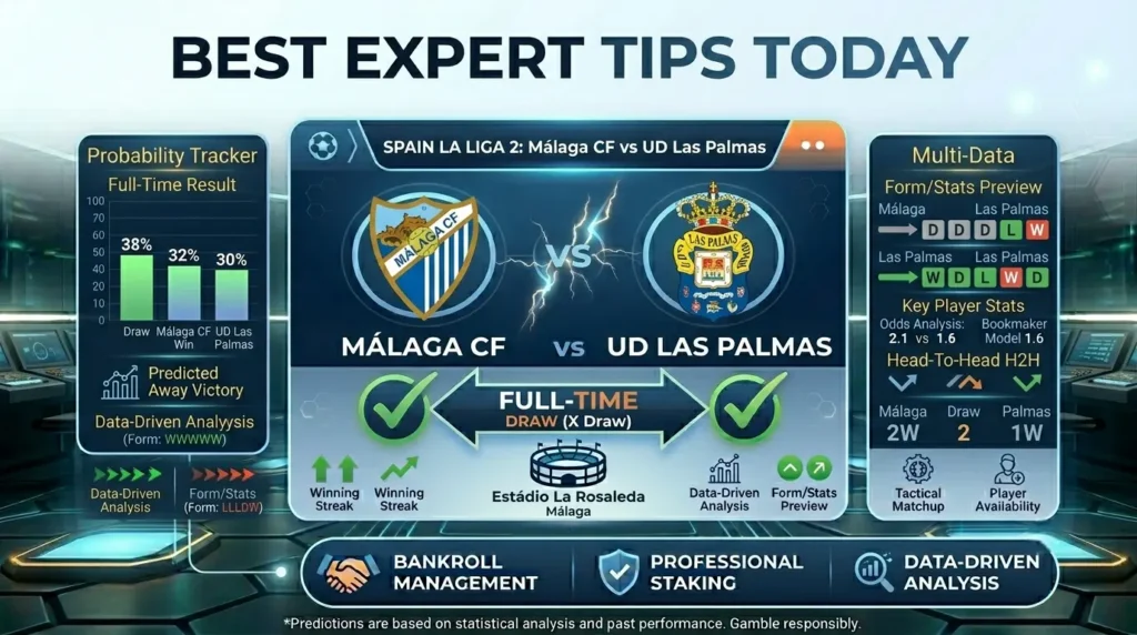 Best expert tips today dashboard featuring Málaga CF vs UD Las Palmas with a Full-Time X Draw prediction.