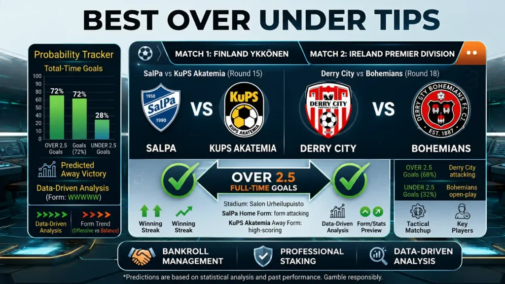 Best over under tips dashboard for SalPa vs KuPS Akatemia and Derry City vs Bohemians featuring an Over 2.5 full-time goals prediction.