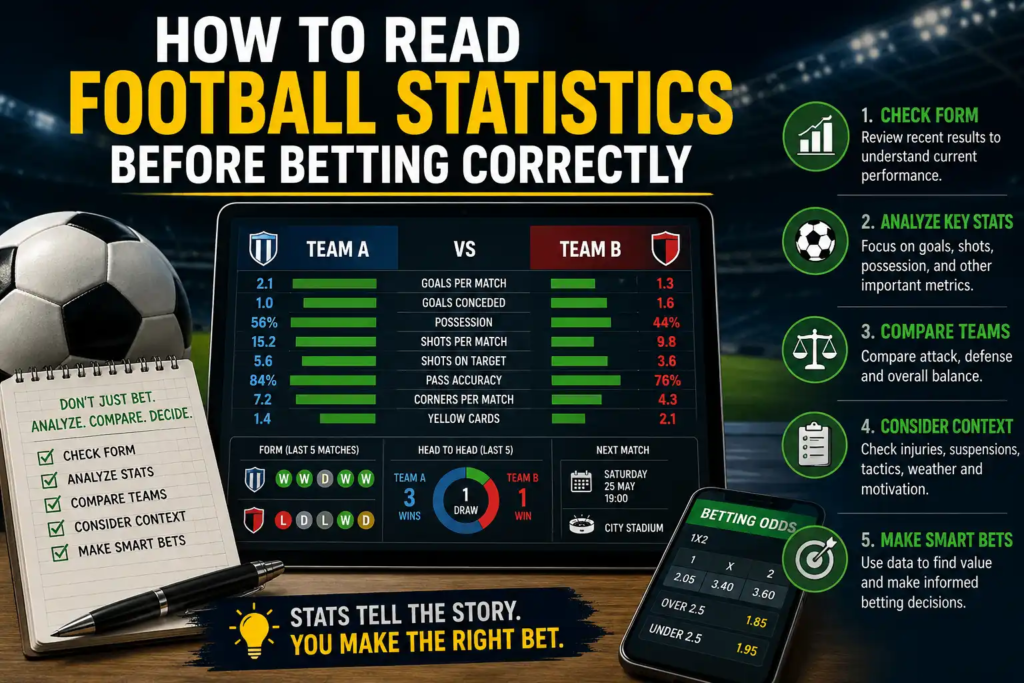 How to read football statistics before betting correctly using team form, goals, possession, shots, and performance data.