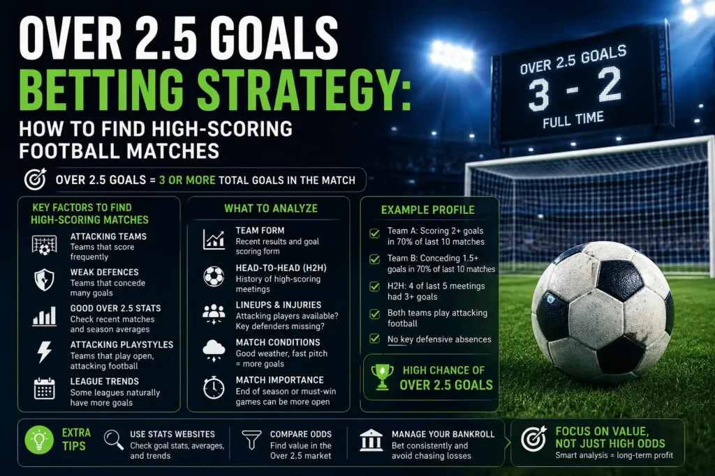Infographic guide on Over 2.5 goals betting strategy explaining how to find high-scoring football matches using team stats and form.