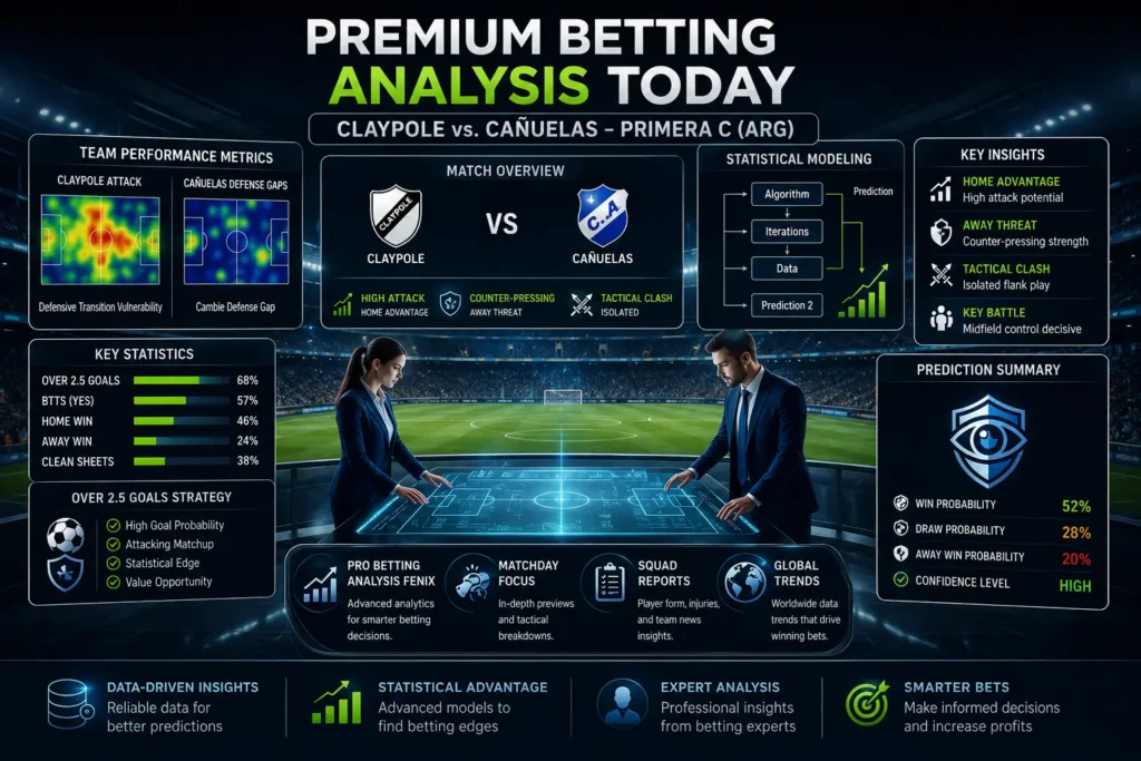 Professional football analytics command center displaying data metrics for the Claypole vs Cañuelas match with a Premium Betting Analysis Today title bar.