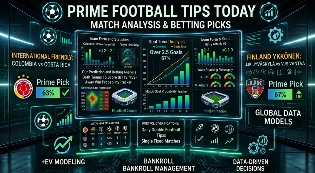 Prime football tips today dashboard with advanced analytics for Colombia vs Costa Rica and JJK Jyväskylä vs VJS Vantaa.