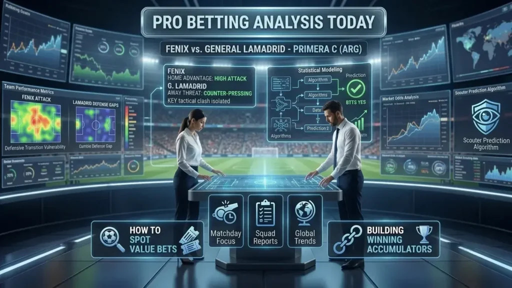 A professional sports analytics command center dashboard showcasing data for the Fenix vs. General Lamadrid Primera C match with a clear header reading Pro Betting Analysis Today and a BTTS YES prediction indicator.