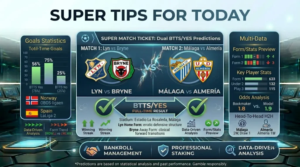 Super tips for today match graphic covering Lyn vs Bryne and Málaga vs Almería with complete BTTS Yes statistical breakdowns.