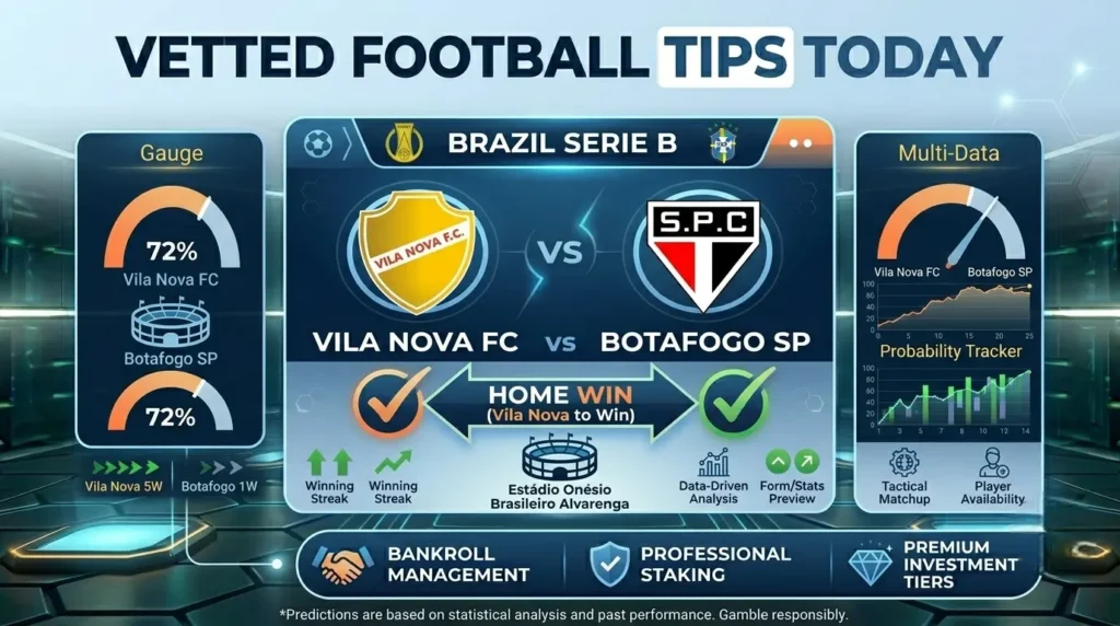 Vetted football tips today dashboard featuring Vila Nova FC vs Botafogo SP with a Home Win prediction.