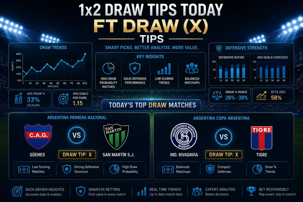 1x2 draw tips today for Club A. Guemes vs San Martin SJ with football match analysis and tactical statistics.
