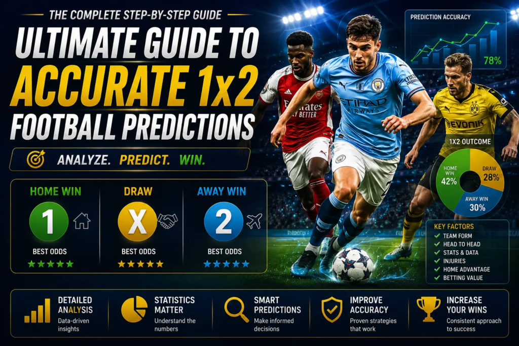 Accurate 1x2 Football Predictions guide showing football match analysis, team statistics, probability charts, tactical data and betting insights for home win, draw and away win markets.