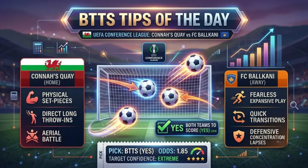BTTS tips of the day infographic analyzing Connah's Quay vs FC Ballkani Conference League match.