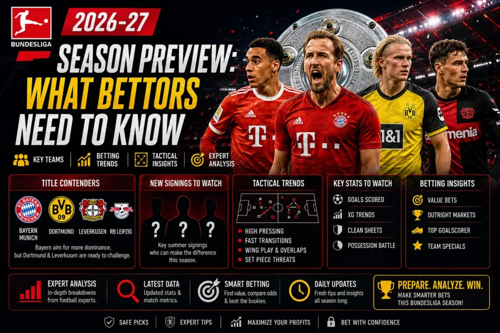 Bundesliga 2026-27 season preview featuring Bayern Munich, Borussia Dortmund and Bayer Leverkusen with title contenders, tactical trends, key fixtures and betting guide.