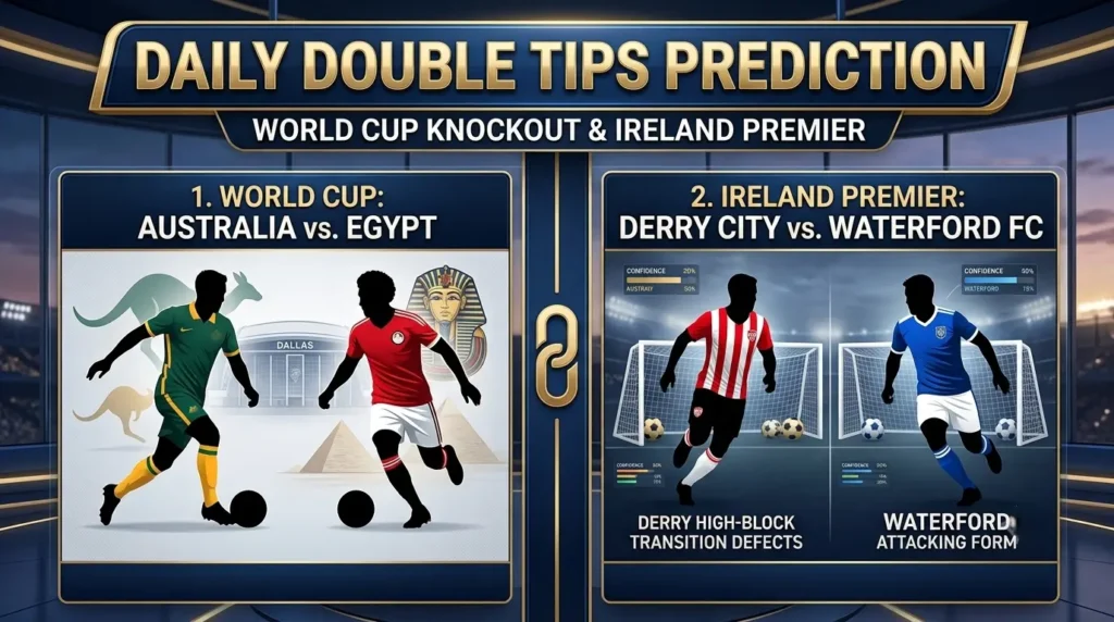 Daily double tips prediction infographic for Australia vs Egypt and Derry City vs Waterford FC.