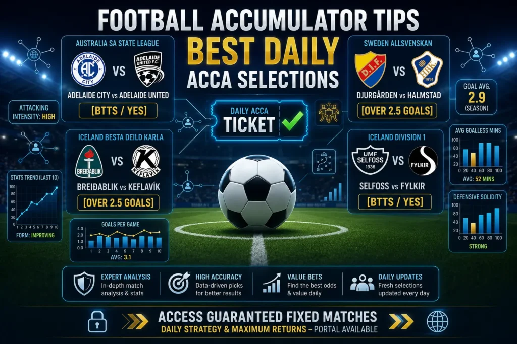 Football accumulator tips dashboard showing our best daily acca selections and goal predictions.
