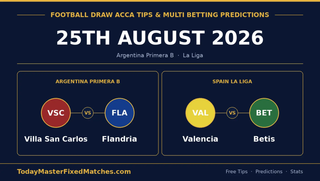 Football Draw Acca Tips for 25 August 2026: Villa San Carlos vs Flandria and Valencia vs Real Betis draw picks.