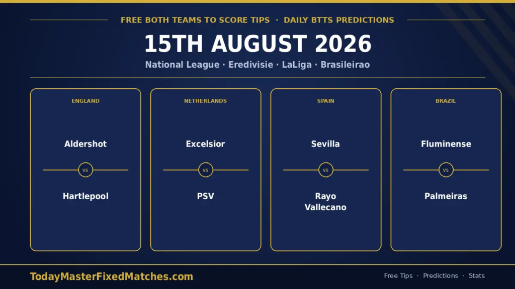 Free Both Teams To Score Tips — 15 August 2026 BTTS picks from England, Netherlands, Spain and Brazil