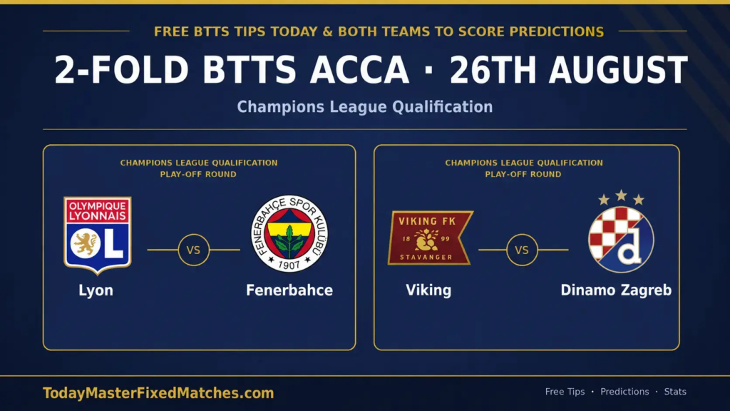 Free BTTS Tips Today for 26 August 2026: Lyon vs Fenerbahçe and Viking vs Dinamo Zagreb picks.