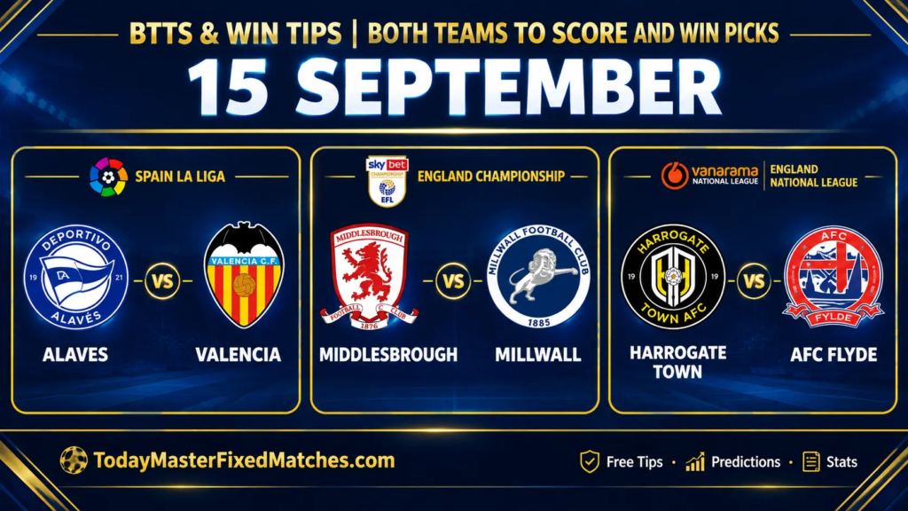 BTTS & Win Tips for 15 September 2026: Alavés vs Valencia, Middlesbrough vs Millwall and Harrogate vs Fylde picks.