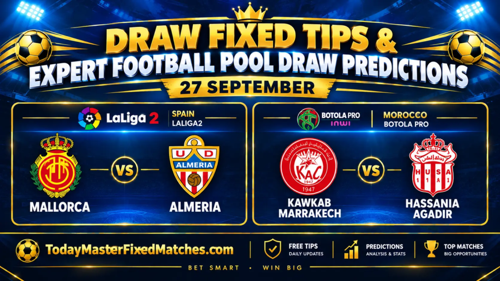 Draw Fixed Tips for 27 September 2026: Mallorca vs Almeria and Kawkab Marrakech vs Hassania Agadir draw picks.