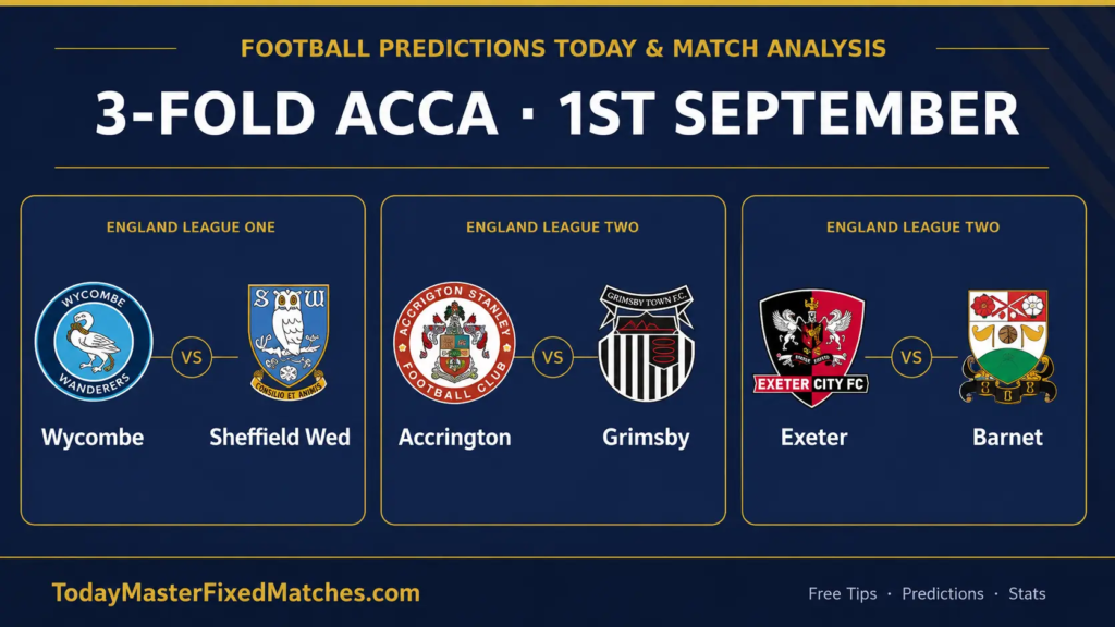 Football Predictions Today for 1 September 2026: Wycombe vs Sheffield Wed, Accrington vs Grimsby and Exeter vs Barnet BTTS tips.