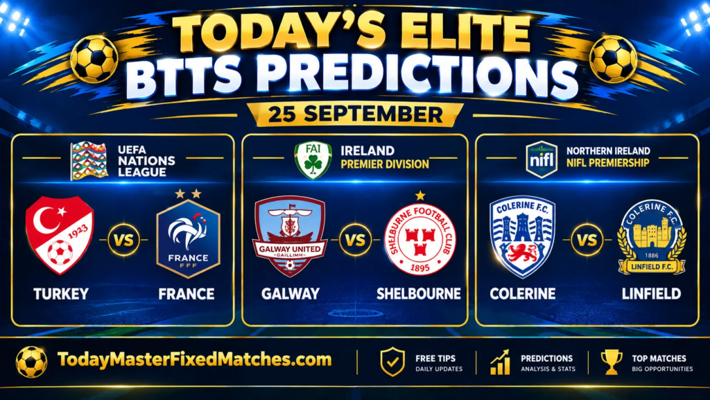 Today's Elite BTTS Predictions for 25 September 2026: Turkey vs France, Galway vs Shelbourne and Coleraine vs Linfield BTTS tips.