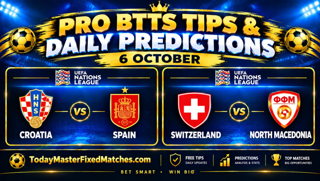 Pro BTTS tips for 6 October 2026: Croatia vs Spain and Switzerland vs North Macedonia BTTS predictions.
